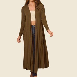 NWOT ROKOKO Women`s Ankle Length Long Sleeve Open Front Cardigan. Small/Olive